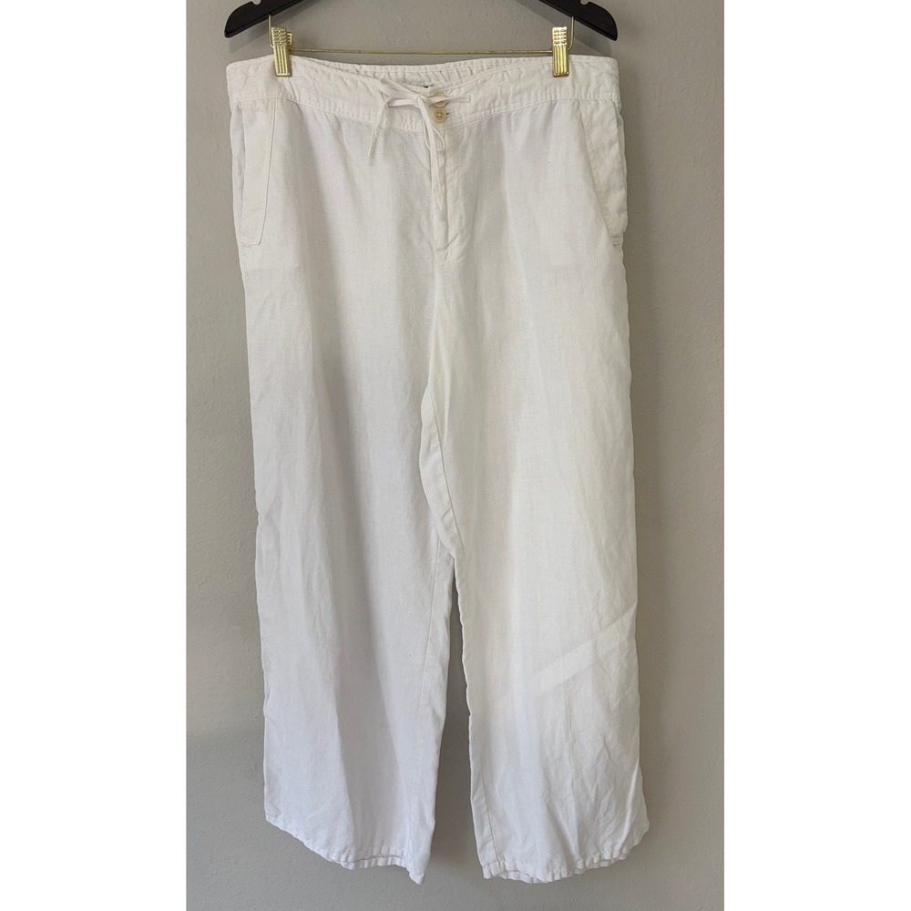 Lauren Ralph Lauren Women White 100% Linen Wide Leg Pants Size 14 Coastal Beachy